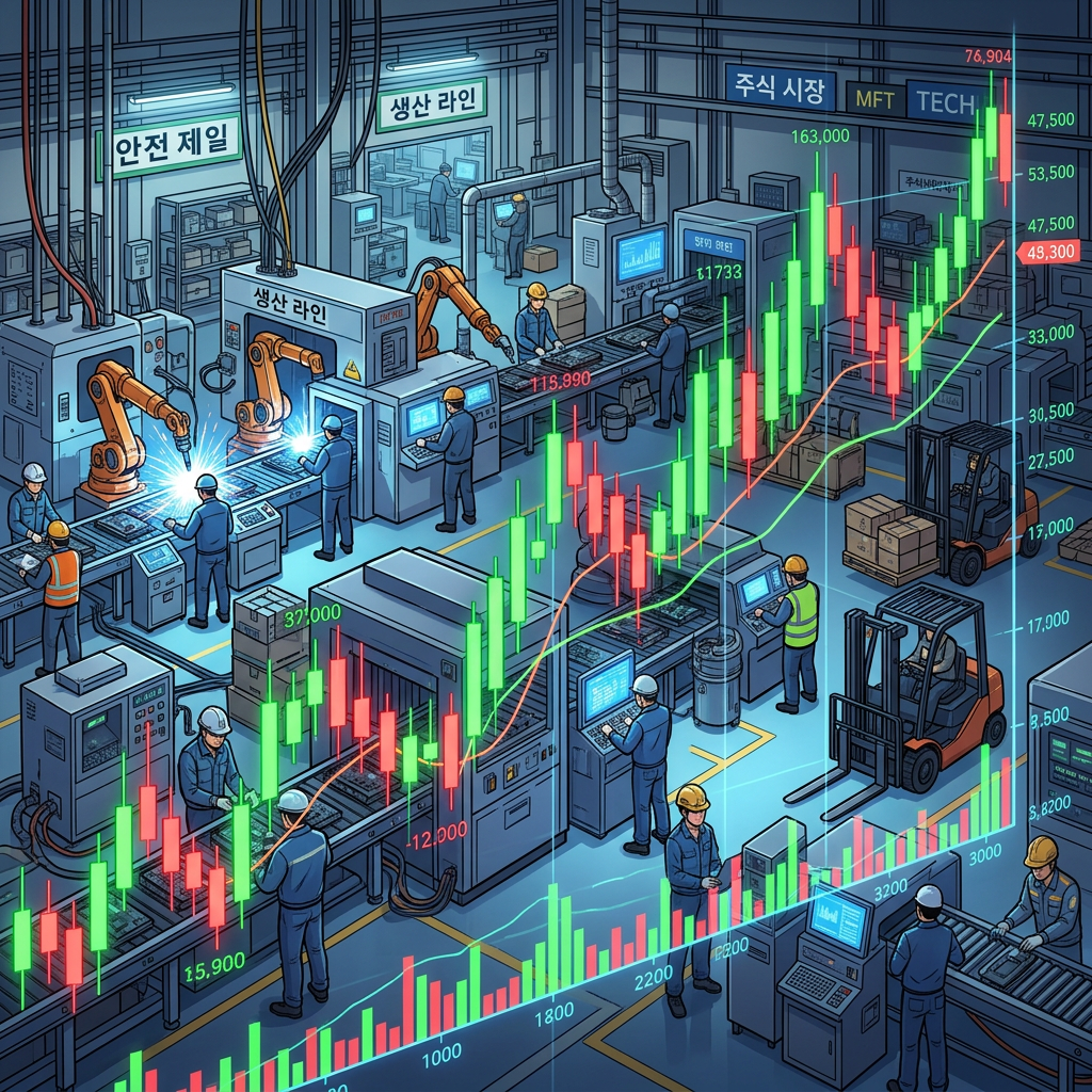 주식 차트와 생산 현장 그래픽