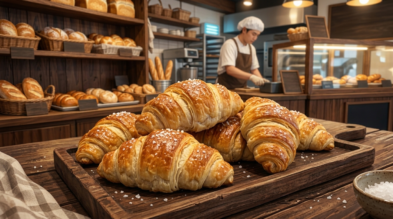 다양한 종류의 소금빵이 진열된 모습