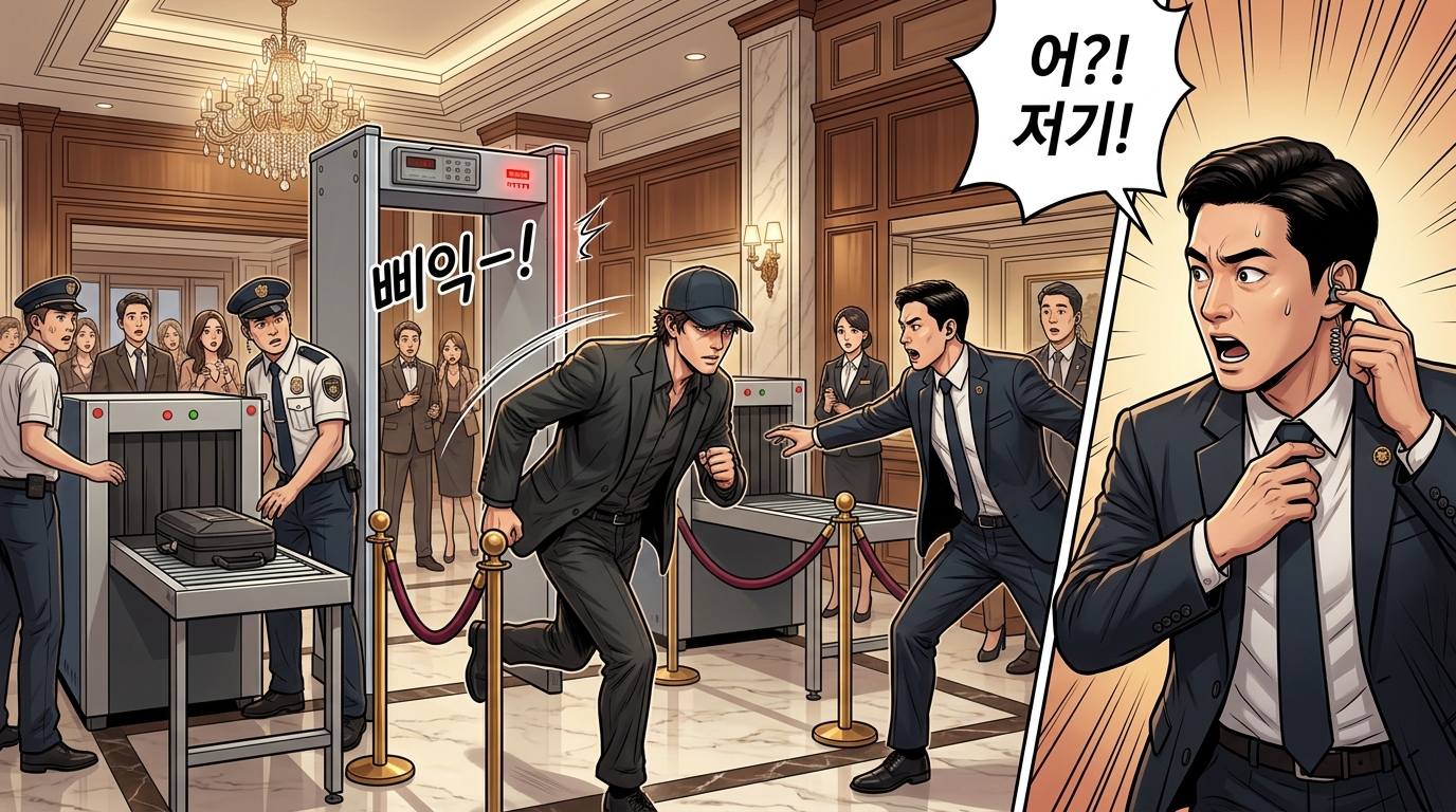 보안 검색대와 경호 인력이 배치된 호텔 출입구에서 긴장감이 감도는 모습