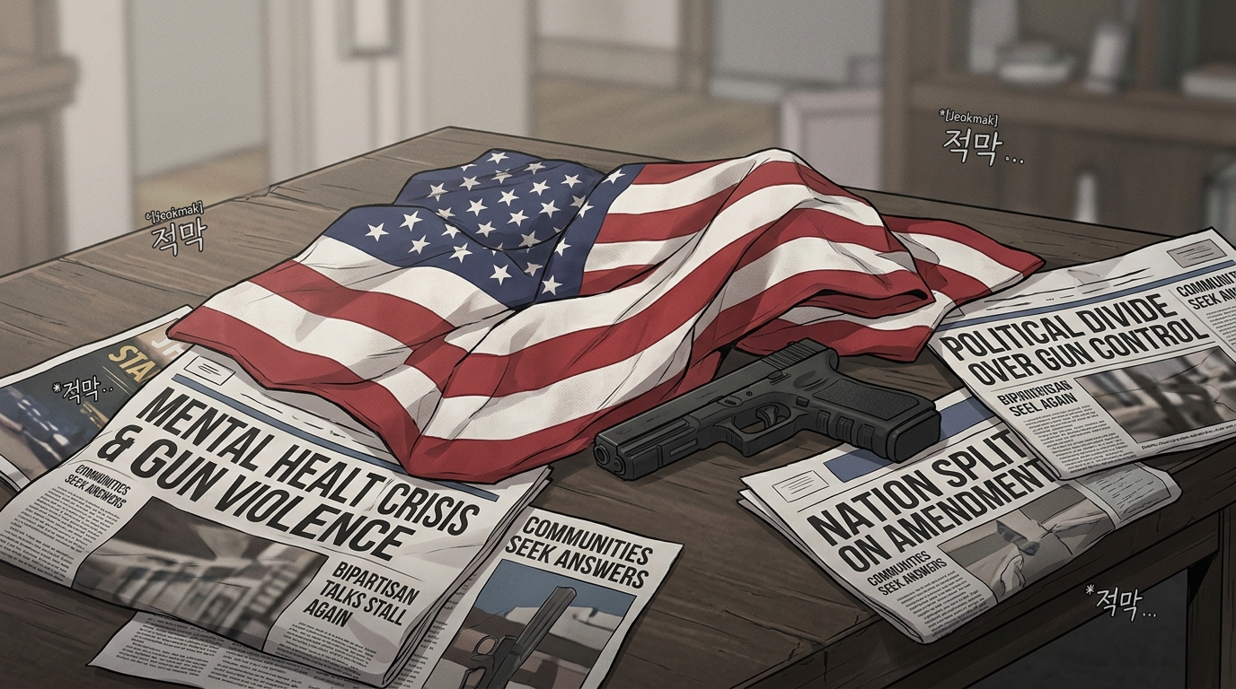 총기 난사 사건과 정치적 분열을 상징하는 추상적인 이미지