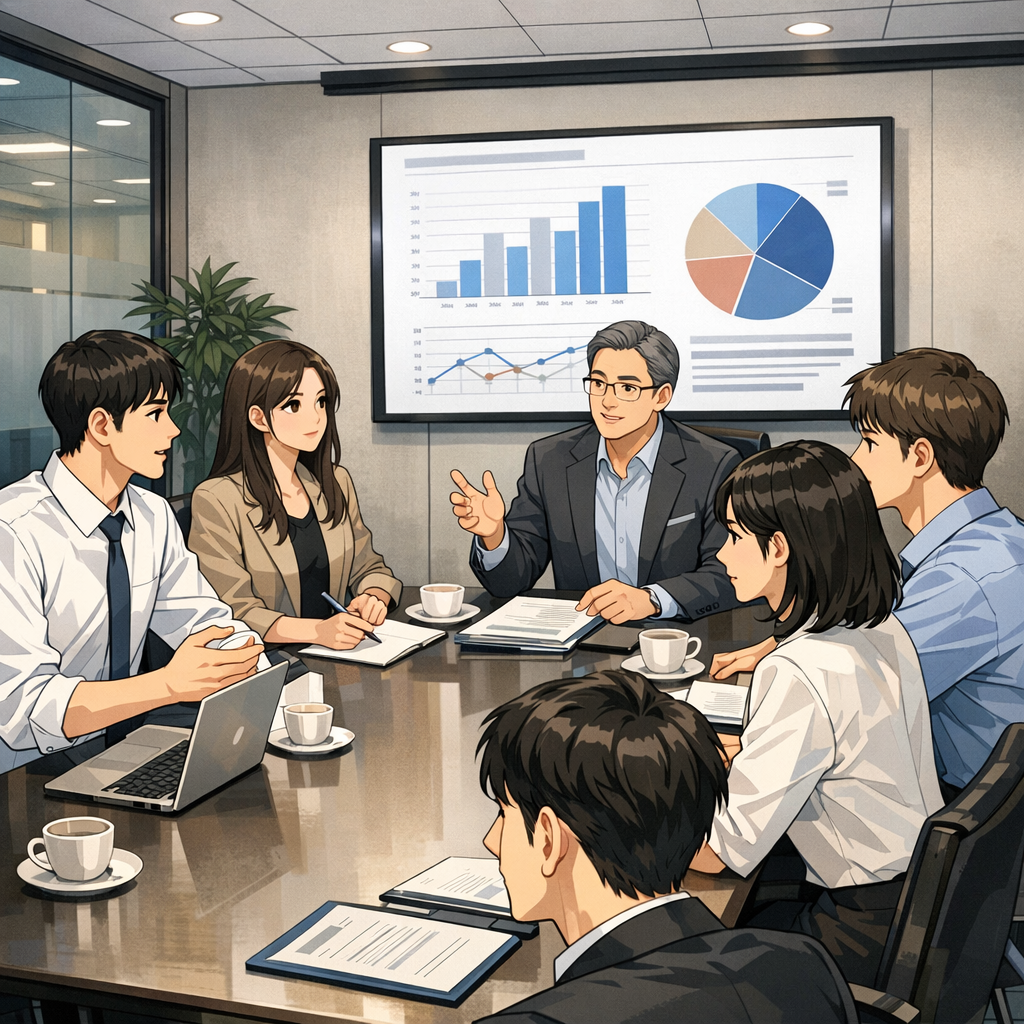 회의실에서 진지하게 토론하는 모습