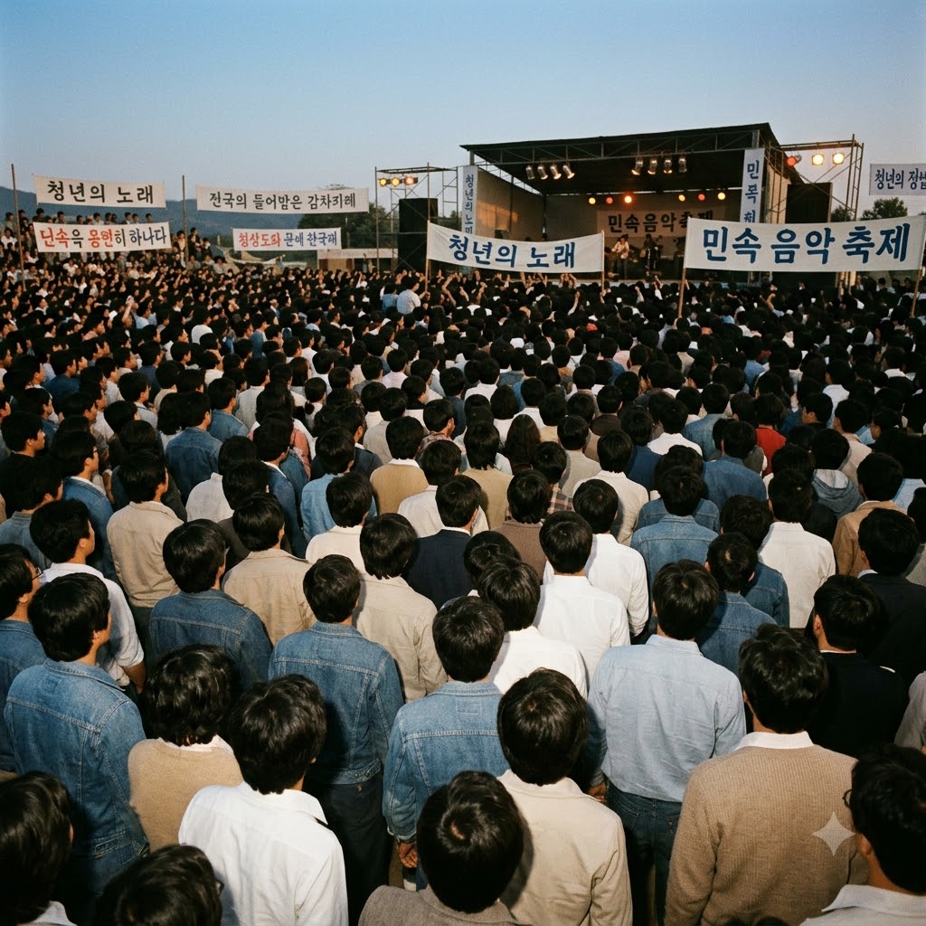 1970년대 말에서 1980년대 초 대규모 야외 음악 페스티벌의 활기찬 관객 모습