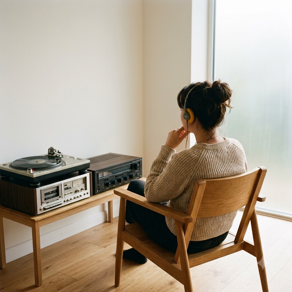 빈티지 카세트 플레이어나 턴테이블로 1980년대 음악을 듣고 있는 현대인의 모습, 아련한 분위기