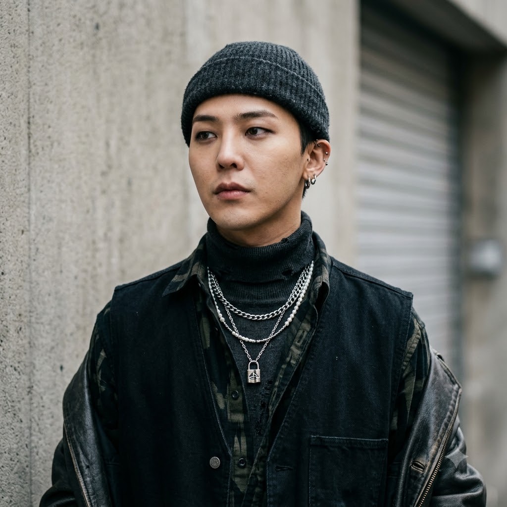 G-Dragon 스타일의 개성 강한 인물 클로즈업