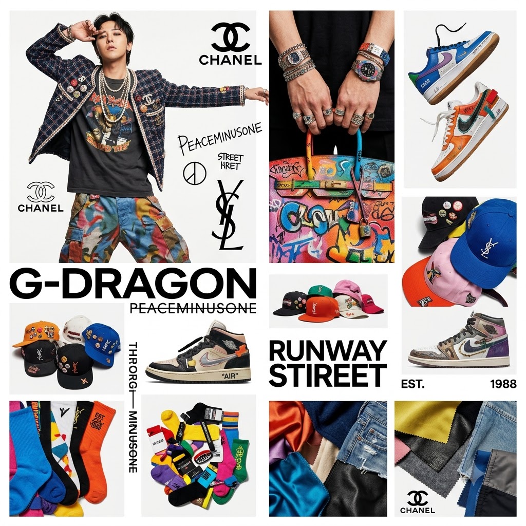 G-Dragon 패션 스타일을 보여주는 하이패션과 스트릿웨어 믹스매치 콜라주