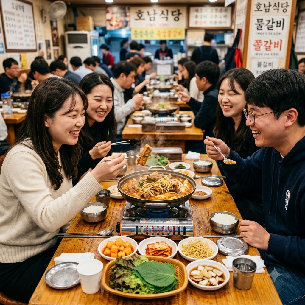 서울 충무로 호남식당의 쫄갈비와 다양한 밑반찬