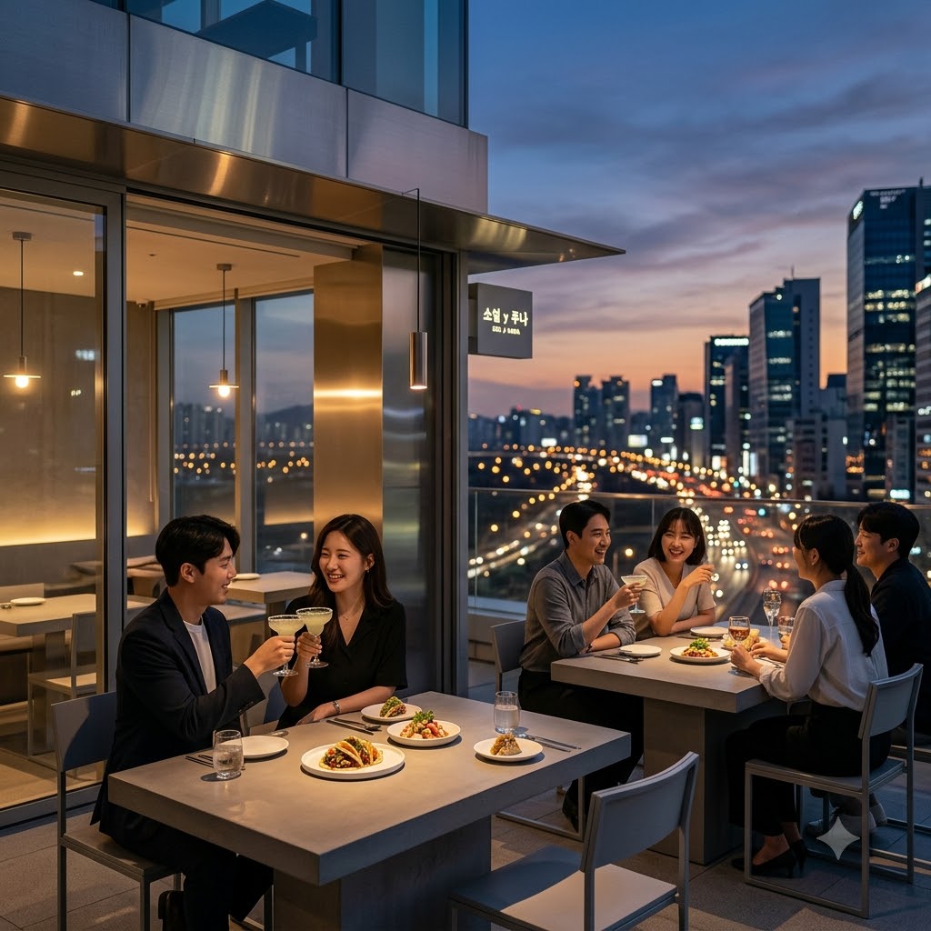 강남의 활기찬 멕시칸 레스토랑 테라스 풍경