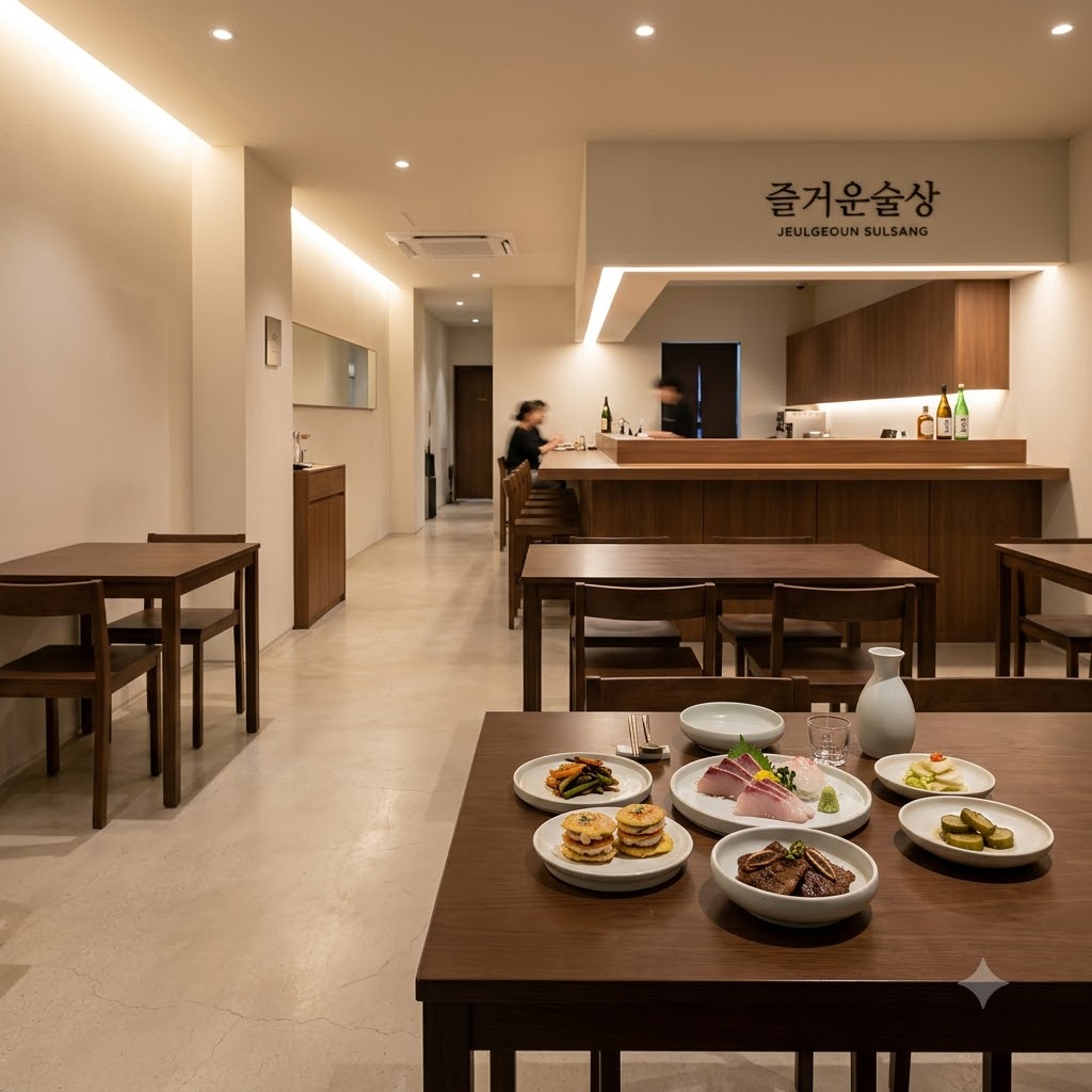 즐거운술상 내부 전경과 아름다운 한식 요리