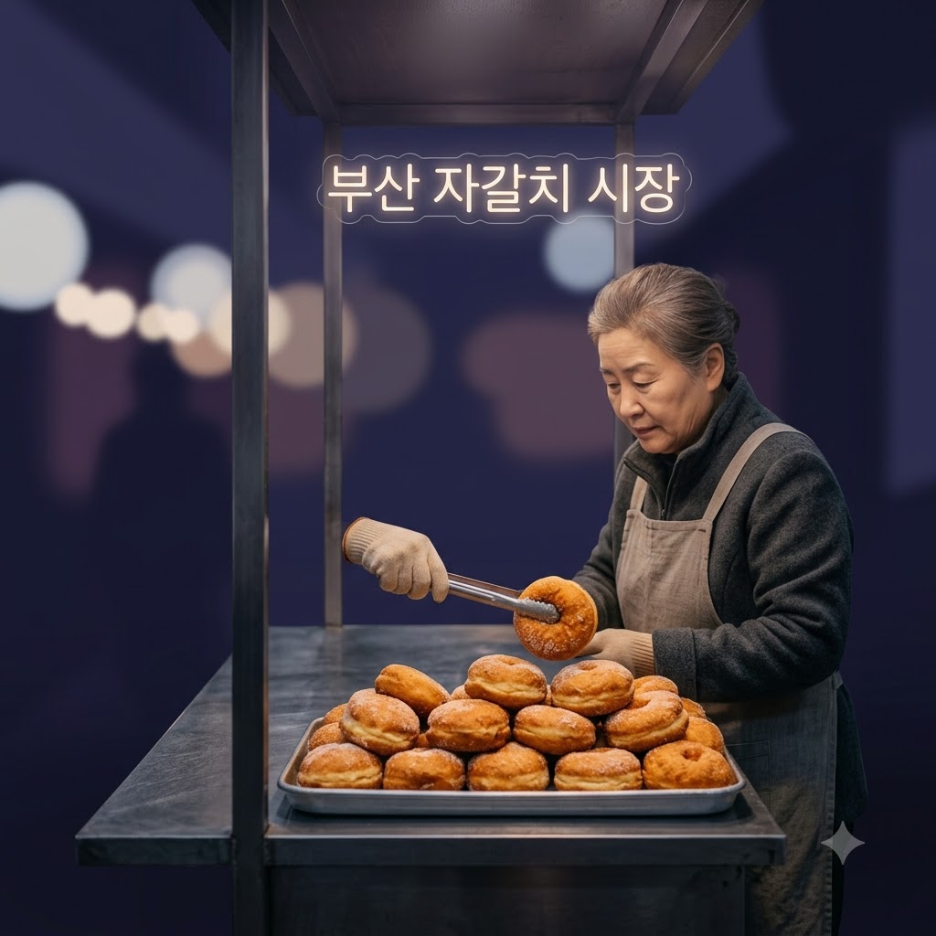따끈따끈한 슈크림 도넛이 산처럼 쌓여있는 전통 시장 노점