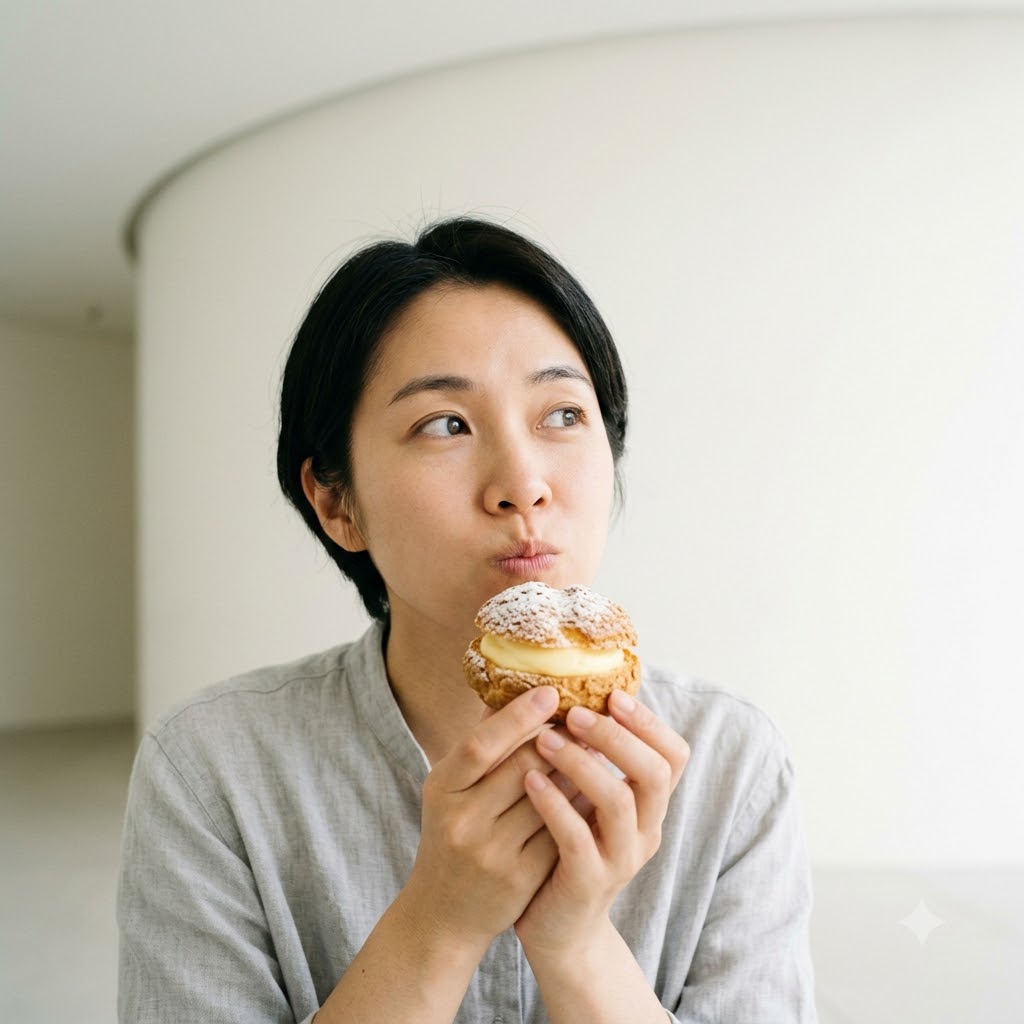 슈크림빵을 들고 질문에 대한 답변을 생각하는 사람