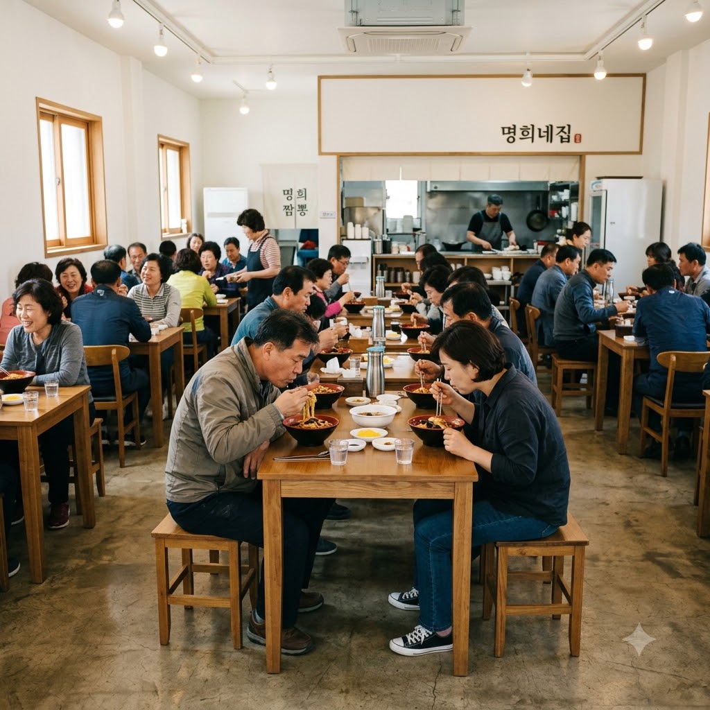 김천 명희네집 식당 내부와 손님들이 식사하는 모습