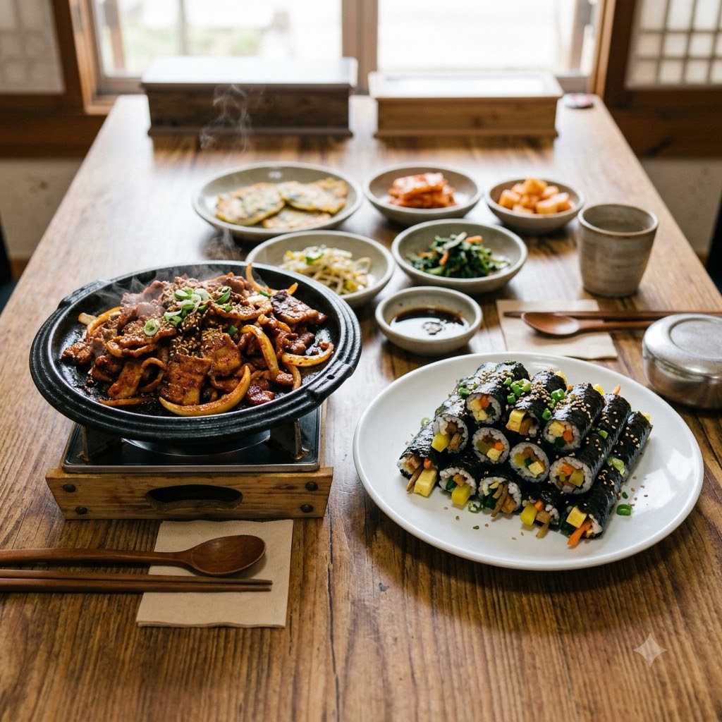 김천 배신식당의 석쇠불고기와 오단이꼬마김밥을 함께 즐기는 모습