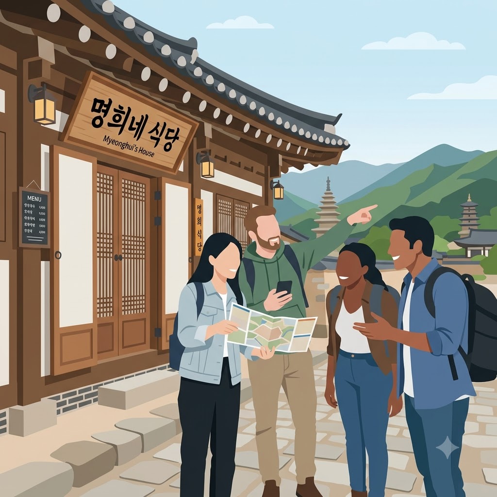 김천 명희네집 앞에서 맛집 탐방 계획을 세우는 여행자들